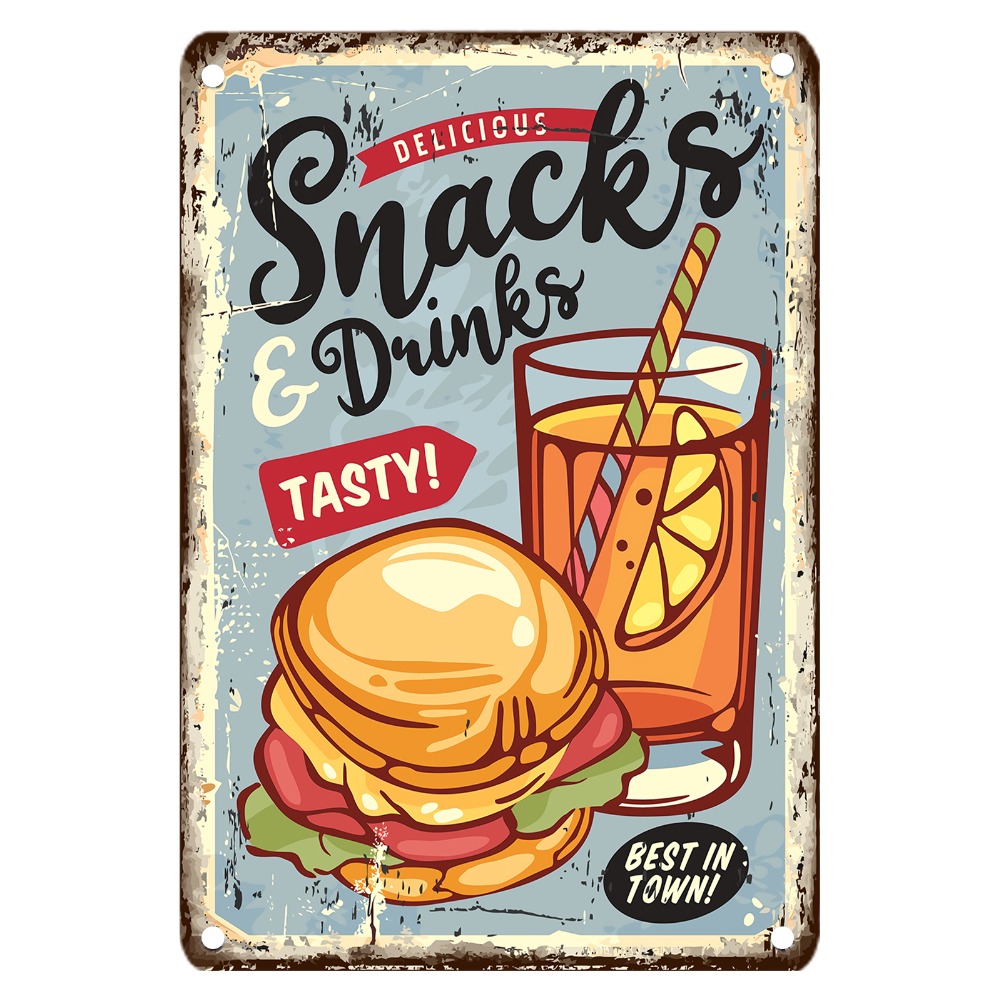 Food Snacks Drinks - Targa in metallo per alimenti vintage,